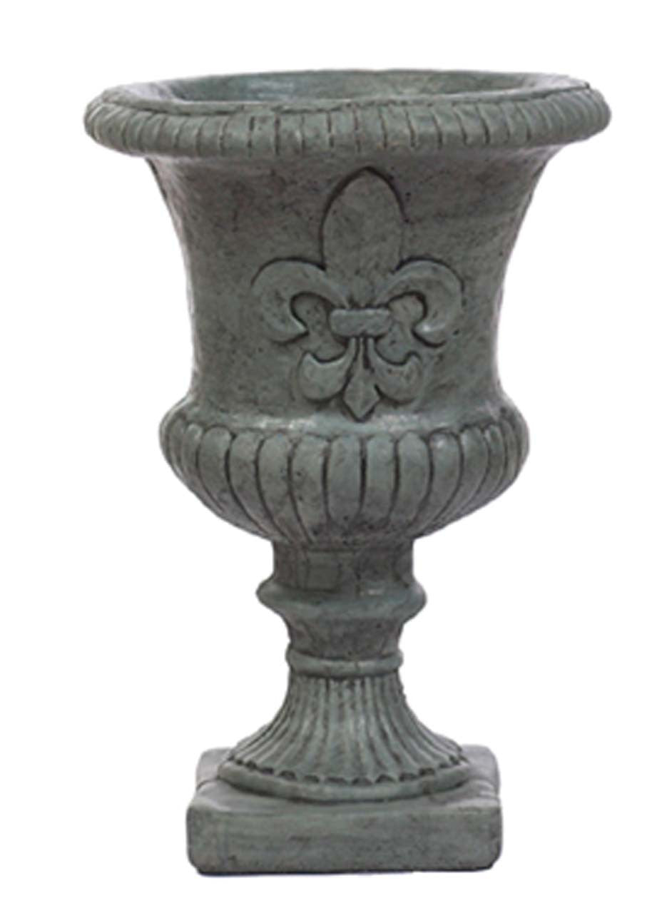 Gray urn planter with a raised fleur-de-lis on a pedestal base