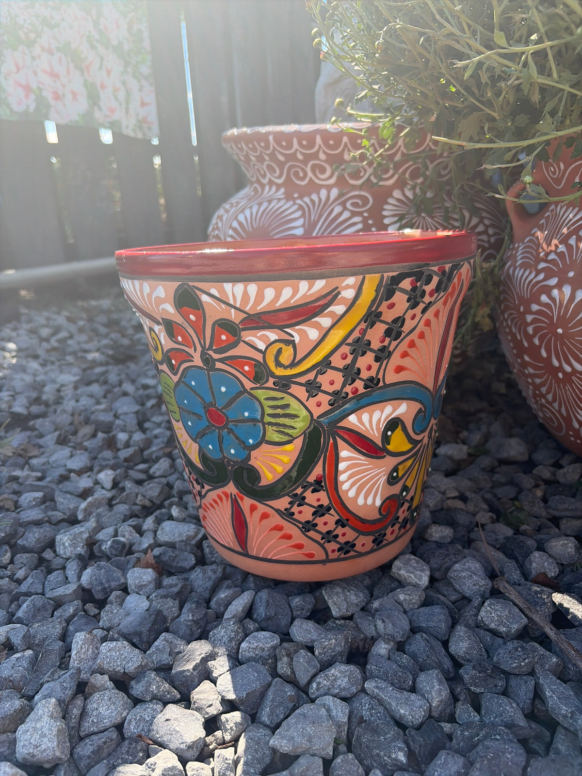 Mexican Pottery Hand-Painted Red Trim Medium