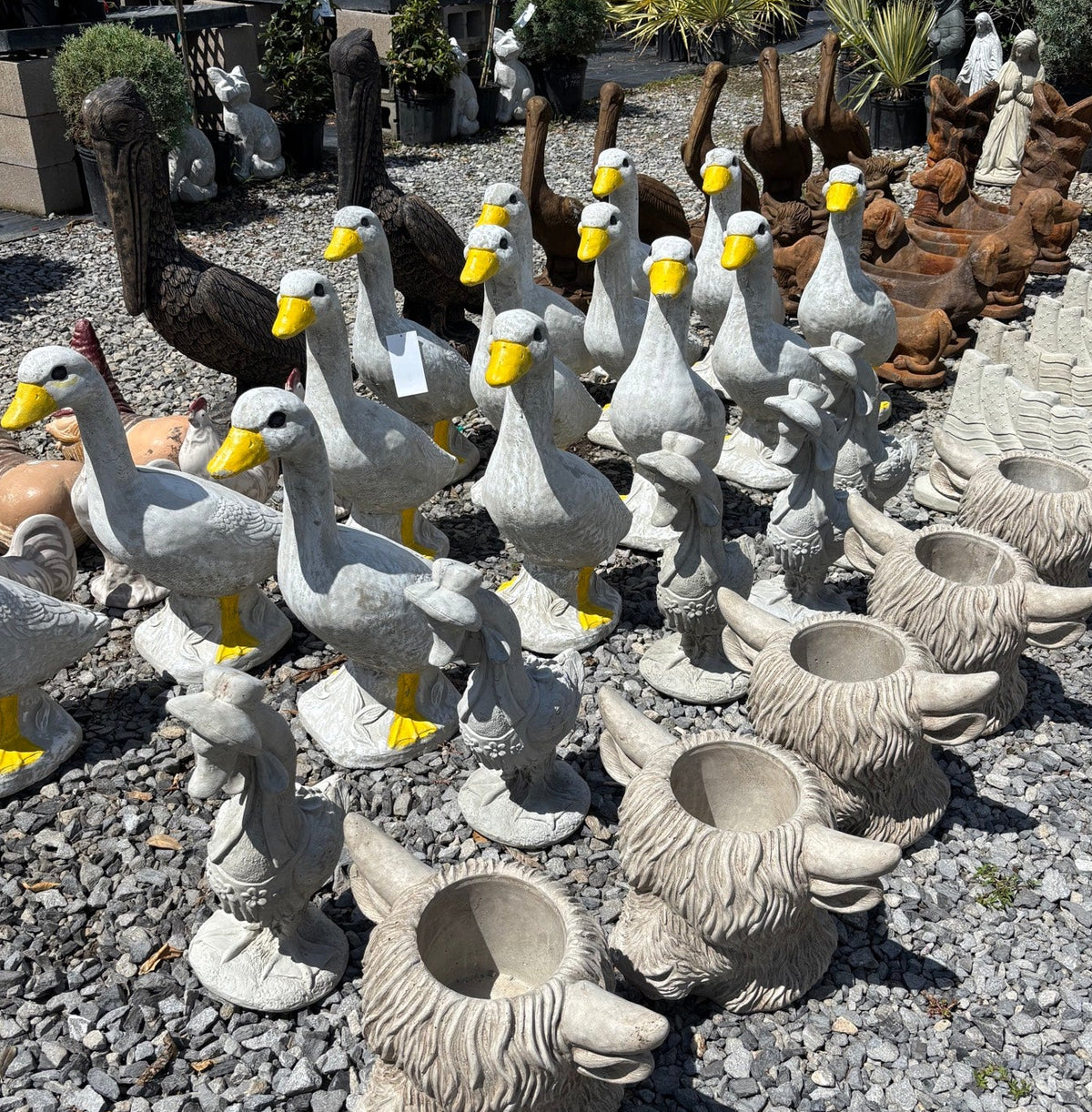 Rows of concrete duck statues and animal planters on gravel at Cane Row Nursery in Broussard, LA