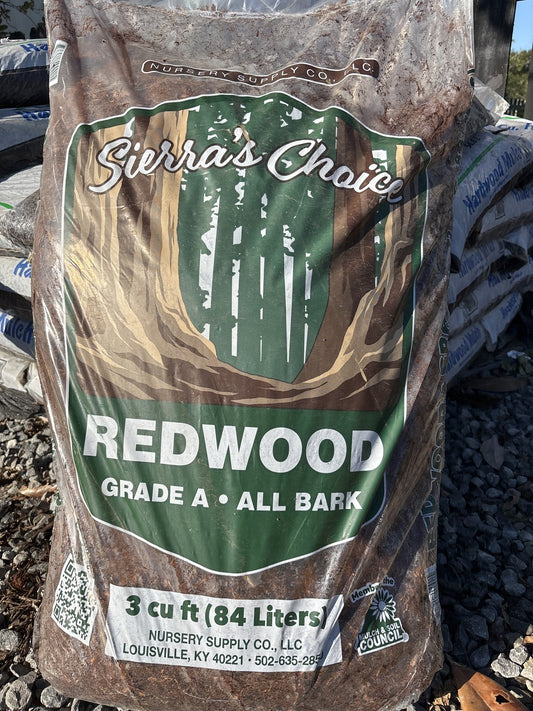 Bag of Sierra's Choice Grade A redwood mulch, 3 cubic feet, at Cane Row Nursery