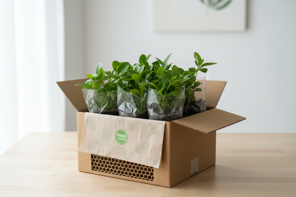 Young potted plants packed in a cardboard box, ready to ship from Cane Row Nursery